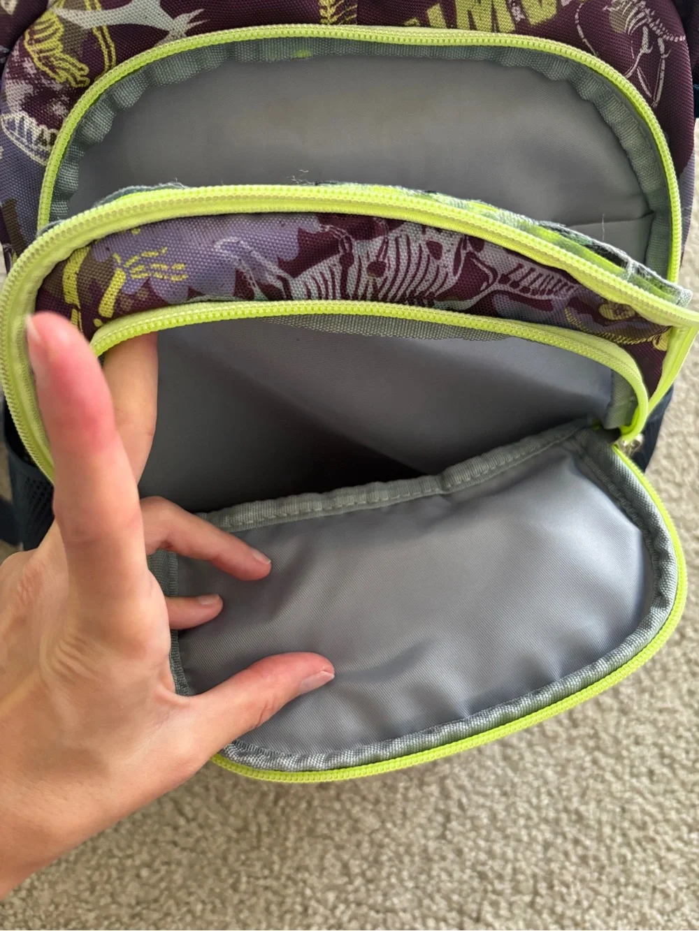 Kids' Purple Dinosaur Backpack with Lime Trim